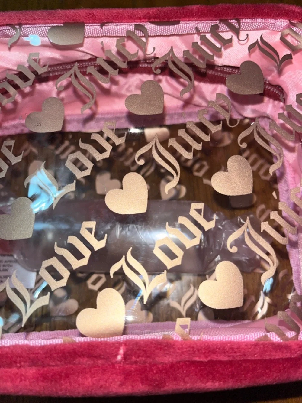 NWT Juicy Couture Clear Cosmetic Bag with Velvet Trim and Juicy Travel Bottle